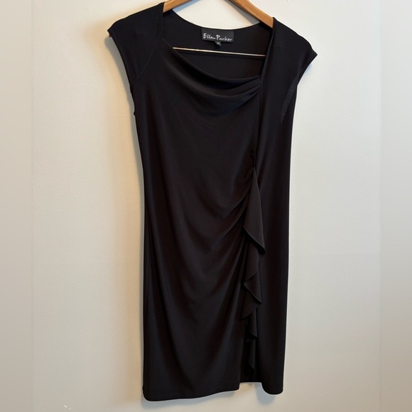 Vintage Dresses & Skirts - Ellen Parker Vintage Cap Sleeve Sheath Ruffle Silky Stretchy Mini Dress Black